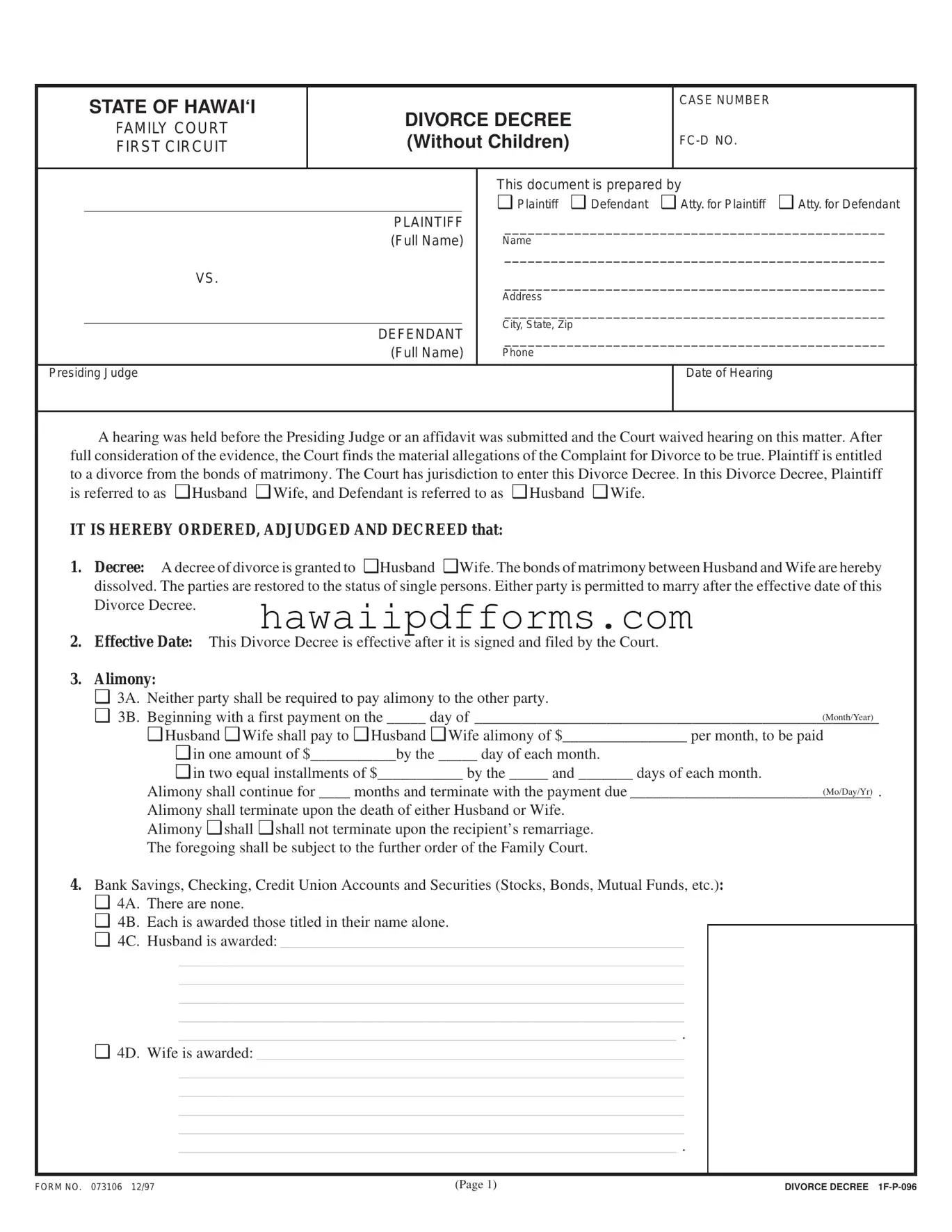 Fill Your Divorce Decree Hawaii Template