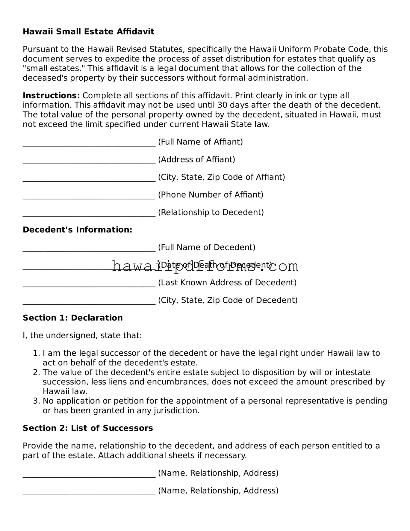 Legal  Small Estate Affidavit Template for Hawaii