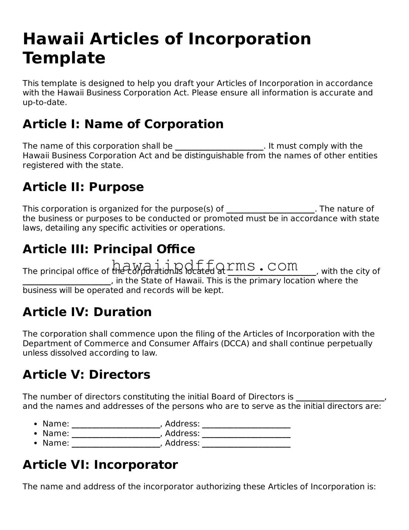 Legal  Articles of Incorporation Template for Hawaii