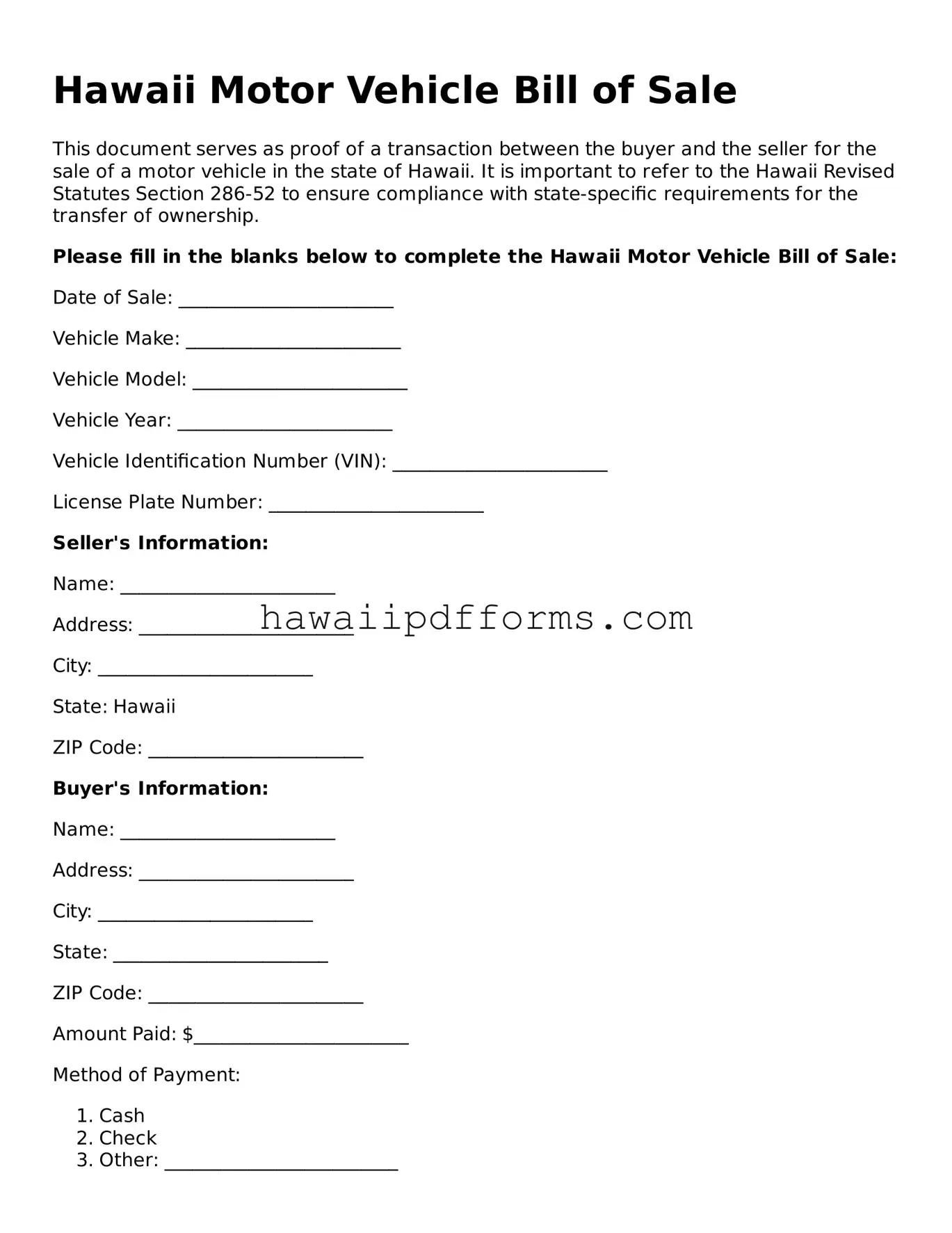 Legal  Motor Vehicle Bill of Sale Template for Hawaii