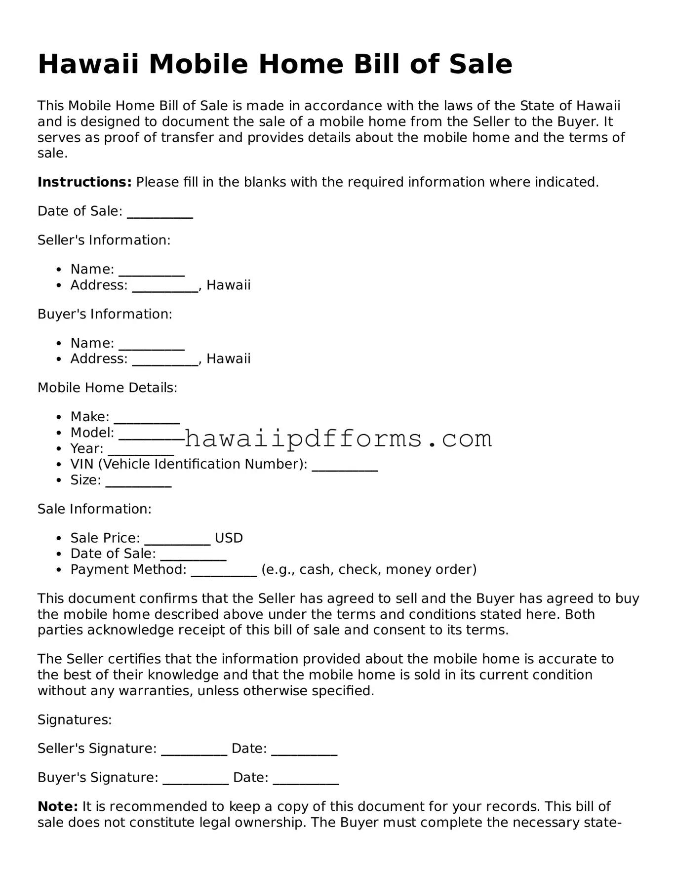Legal  Mobile Home Bill of Sale Template for Hawaii