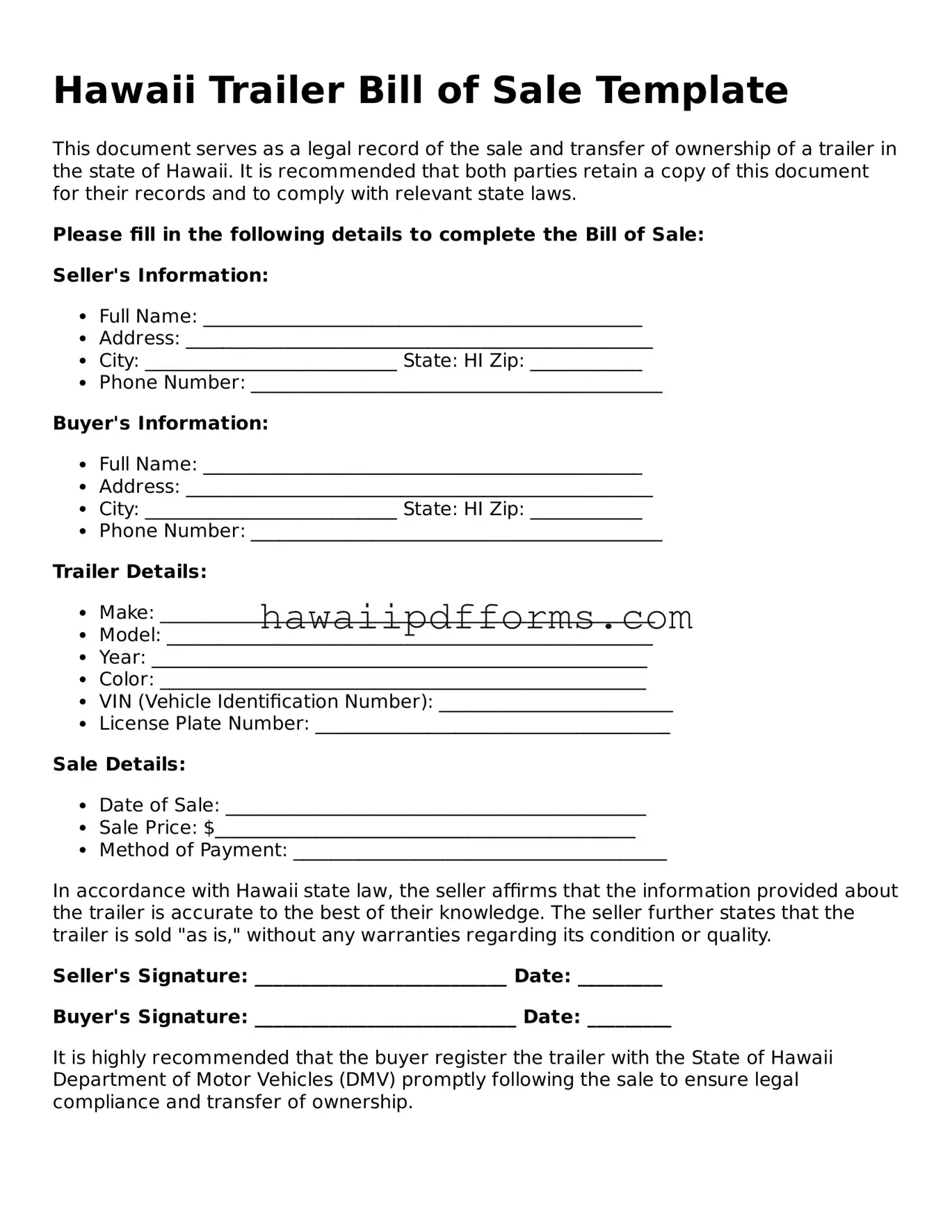 Legal  Trailer Bill of Sale Template for Hawaii
