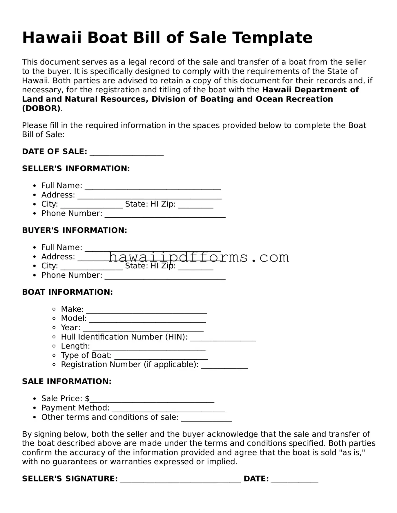 Legal  Boat Bill of Sale Template for Hawaii