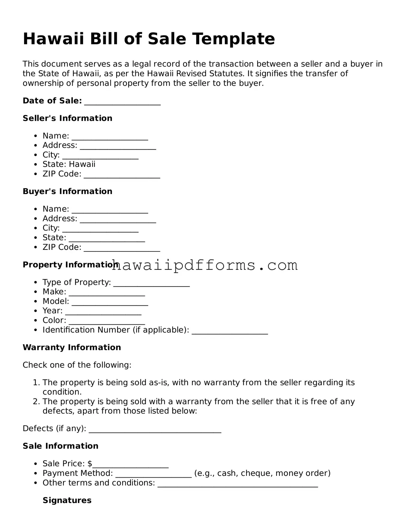 Legal  Bill of Sale Template for Hawaii