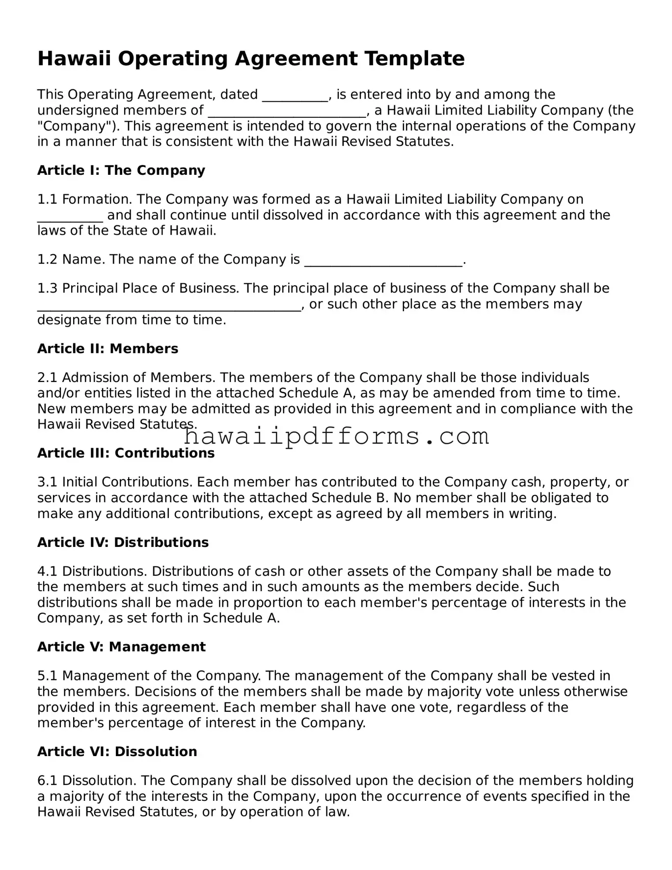 Legal  Operating Agreement Template for Hawaii
