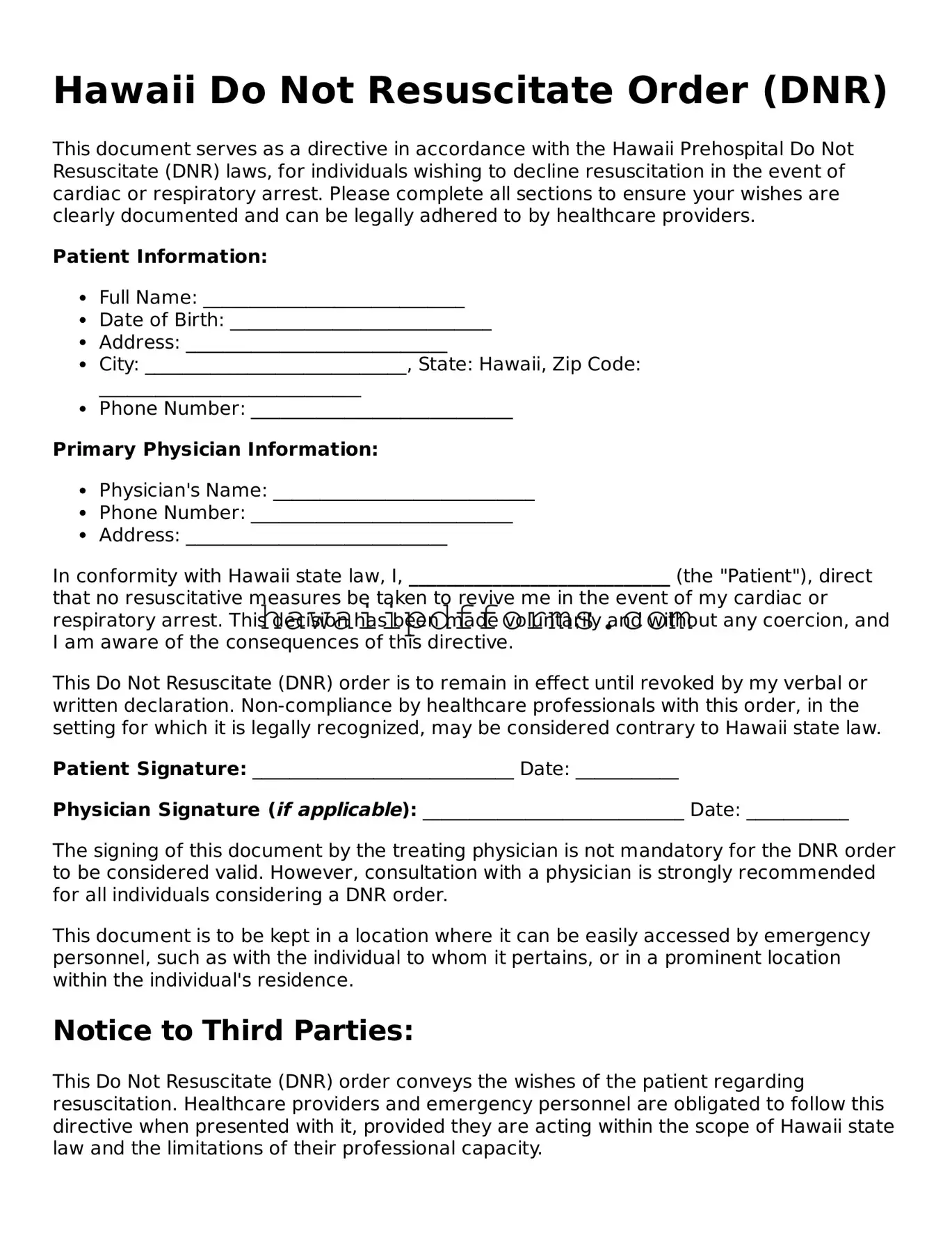 Legal  Do Not Resuscitate Order Template for Hawaii