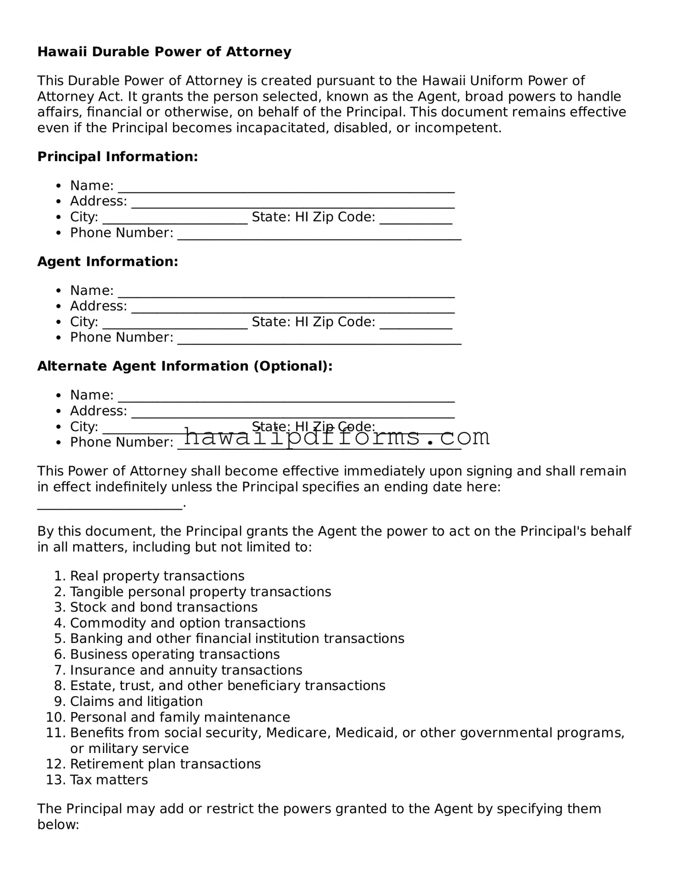 Legal  Durable Power of Attorney Template for Hawaii