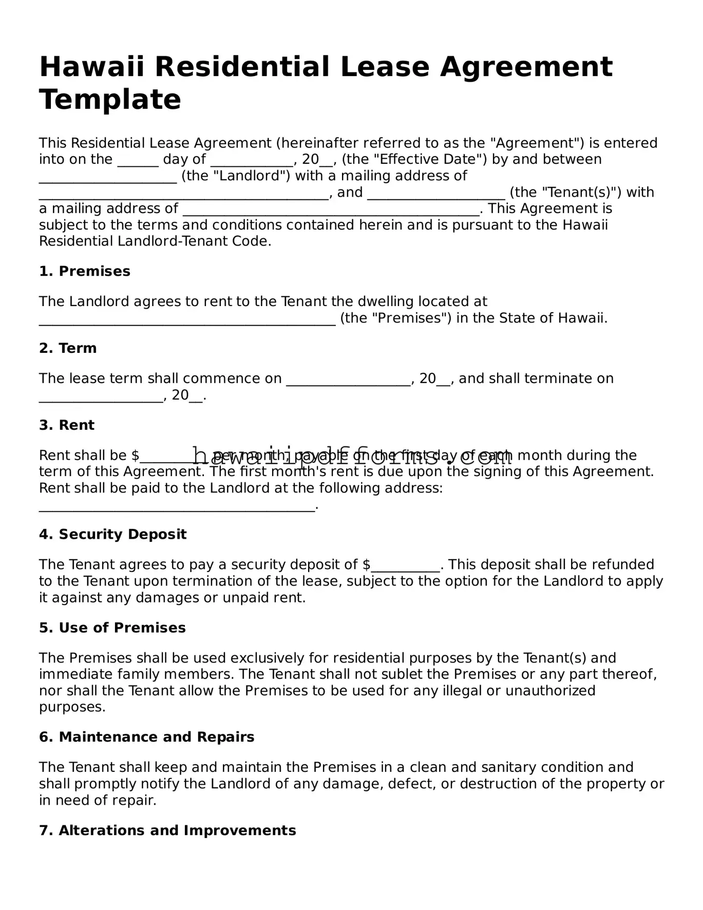 Legal  Residential Lease Agreement Template for Hawaii