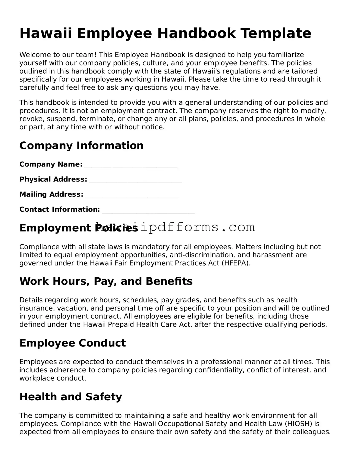 Legal  Employee Handbook Template for Hawaii