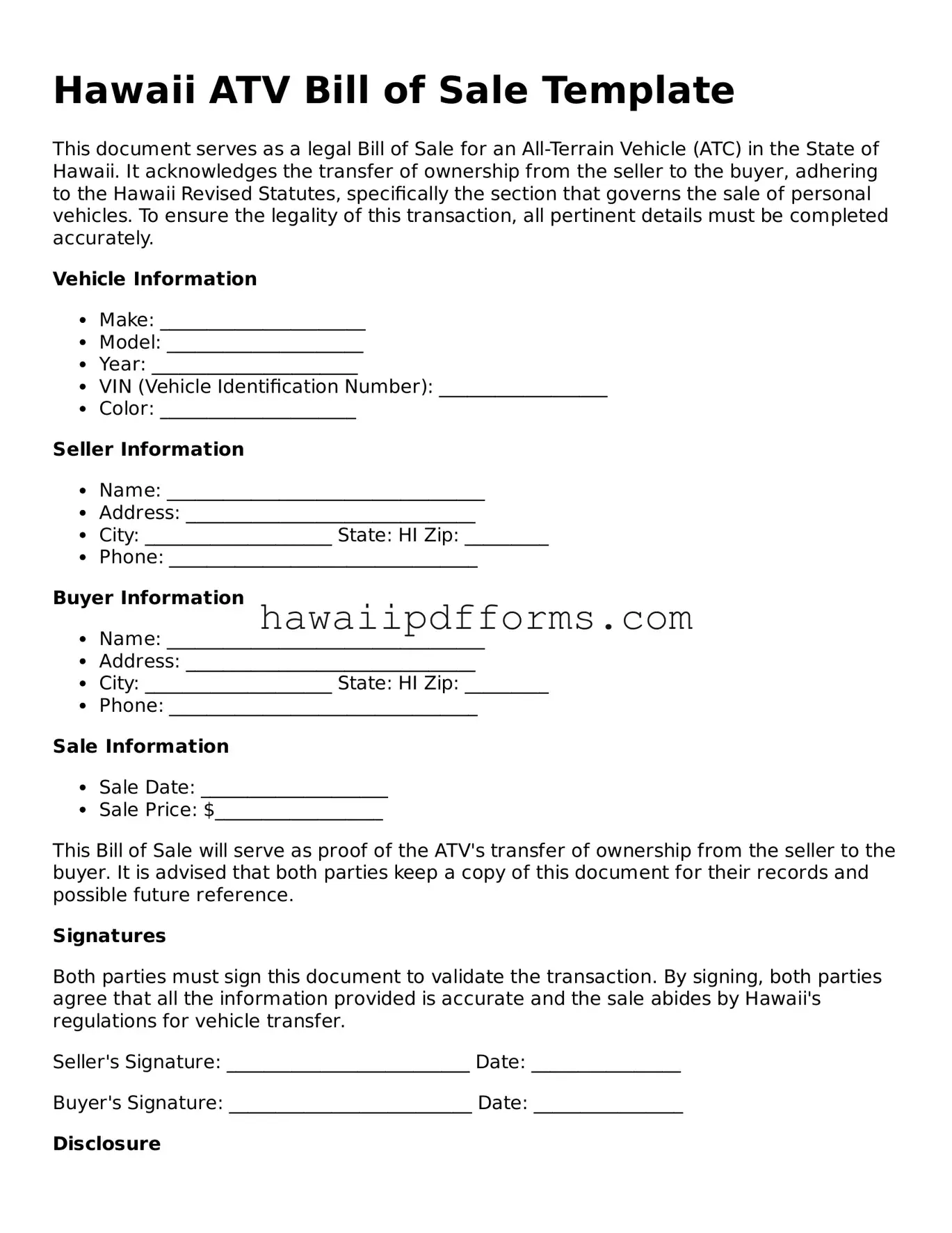 Legal  ATV Bill of Sale Template for Hawaii