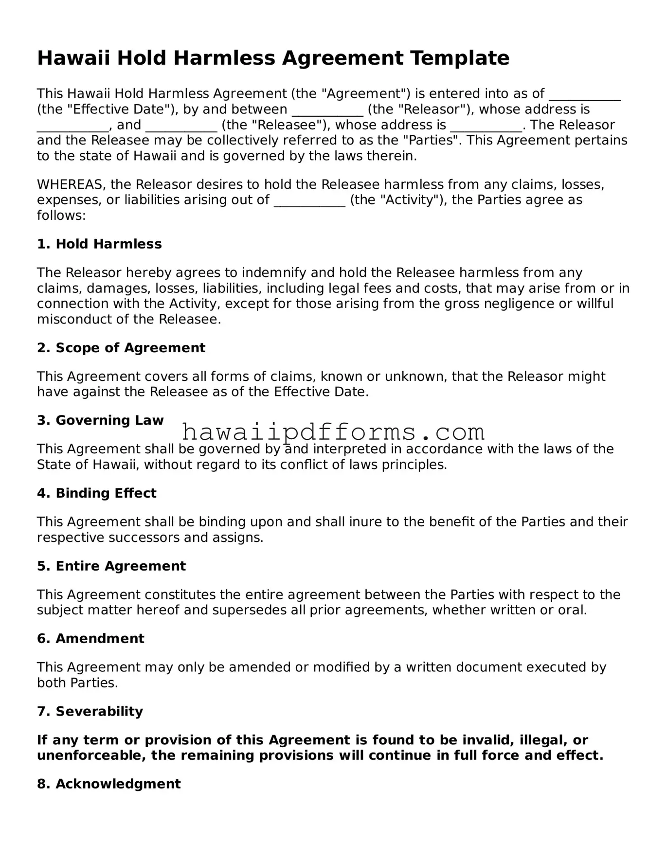 Legal  Hold Harmless Agreement Template for Hawaii