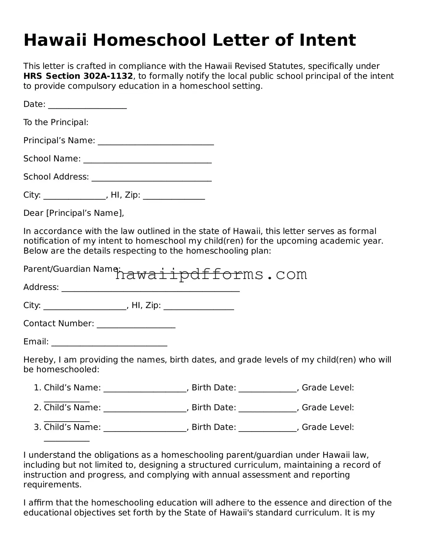 Legal  Homeschool Letter of Intent Template for Hawaii