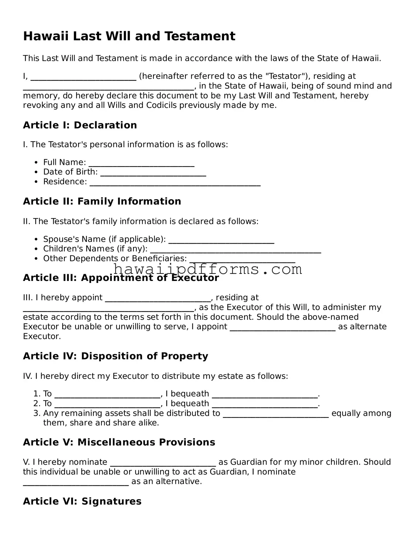 Legal  Last Will and Testament Template for Hawaii