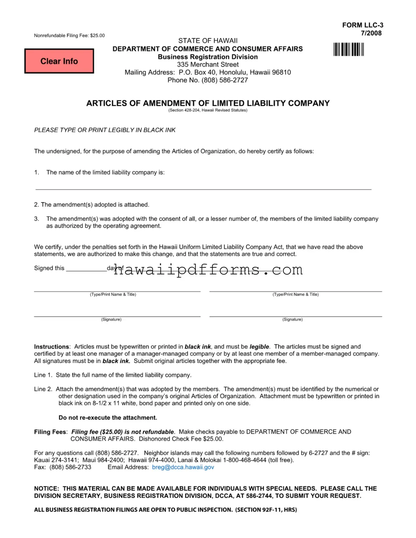 Fill Your Hawaii Llc 3 Template
