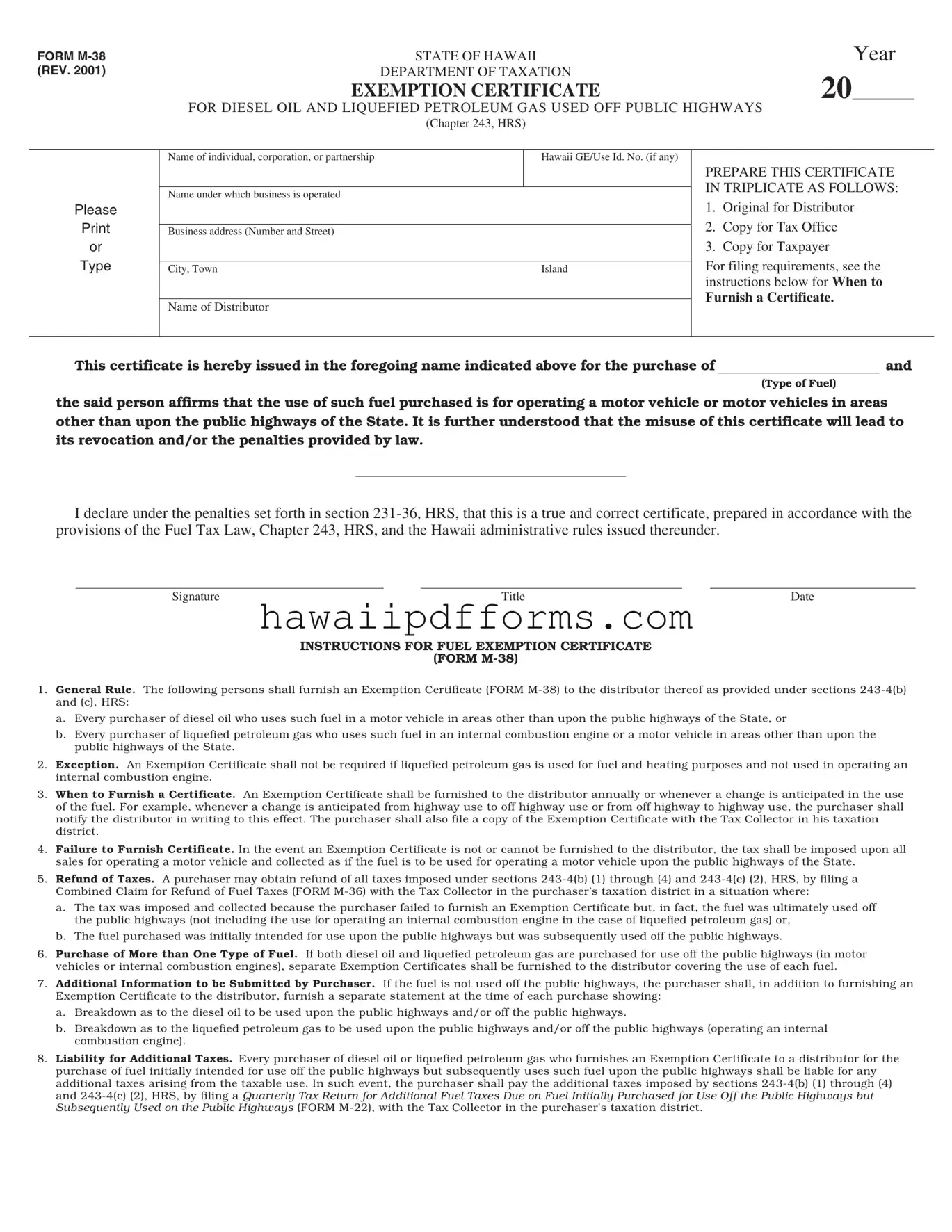Fill Your Hawaii M 38 Template