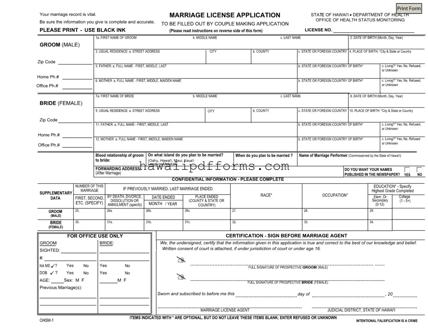 Fill Your Hawaii Marriage Licens Application Template