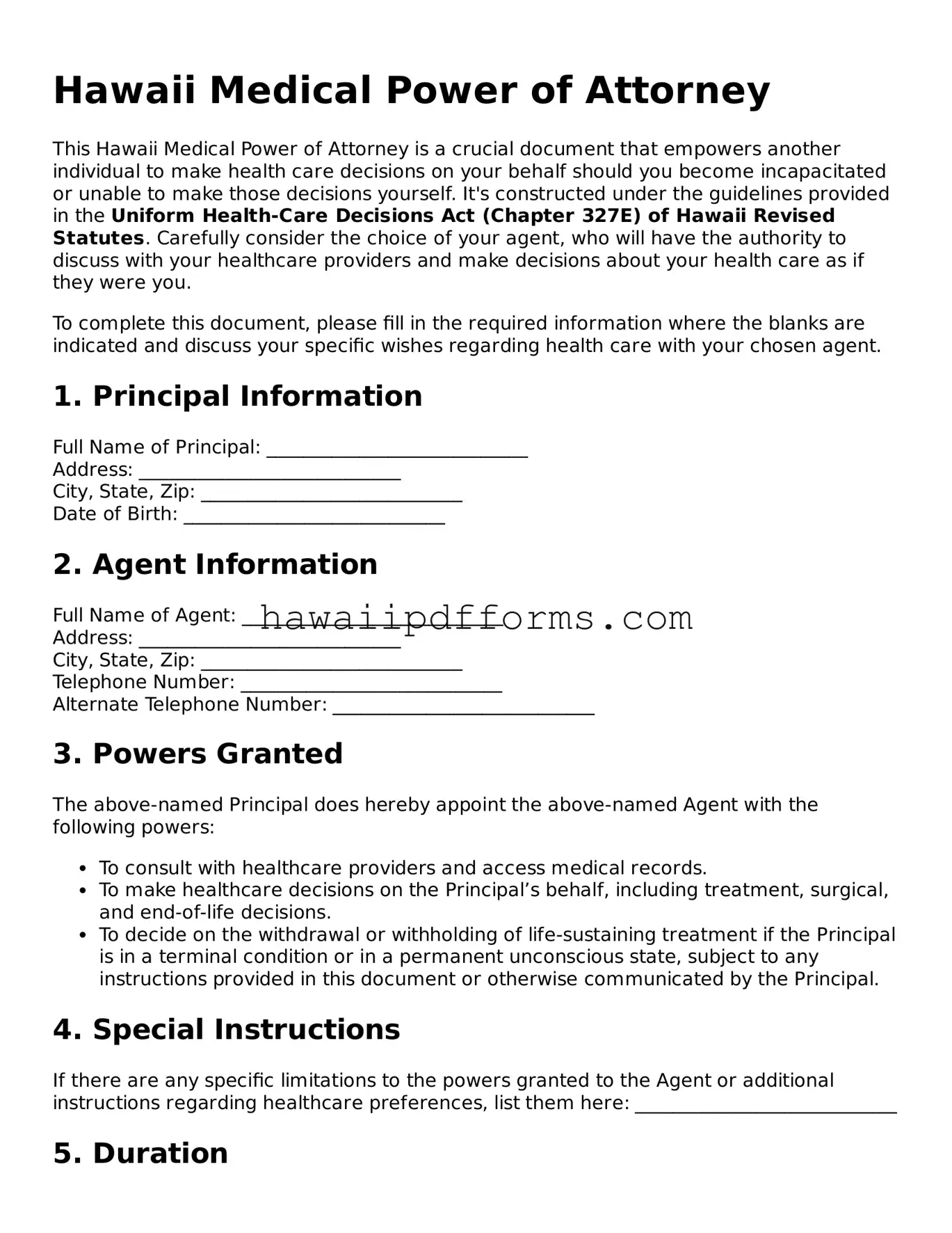 Legal  Medical Power of Attorney Template for Hawaii