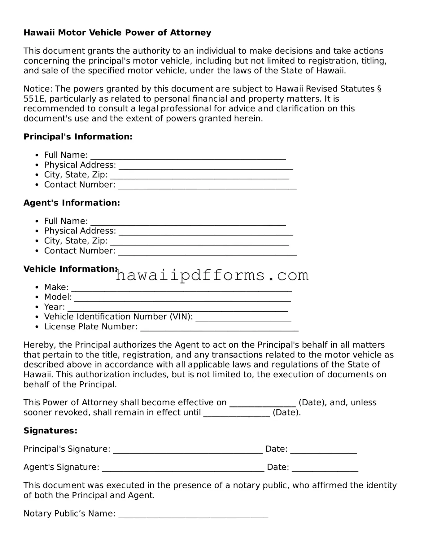 Legal  Motor Vehicle Power of Attorney Template for Hawaii