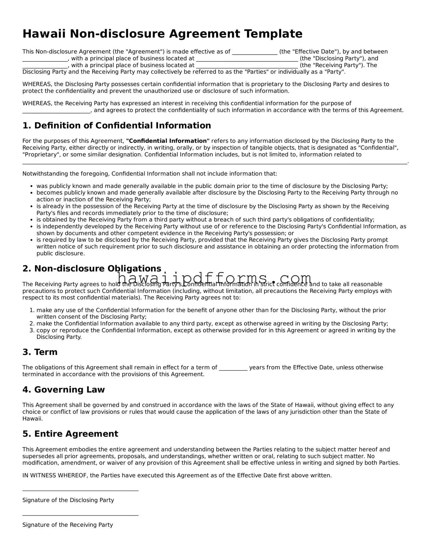 Legal  Non-disclosure Agreement Template for Hawaii