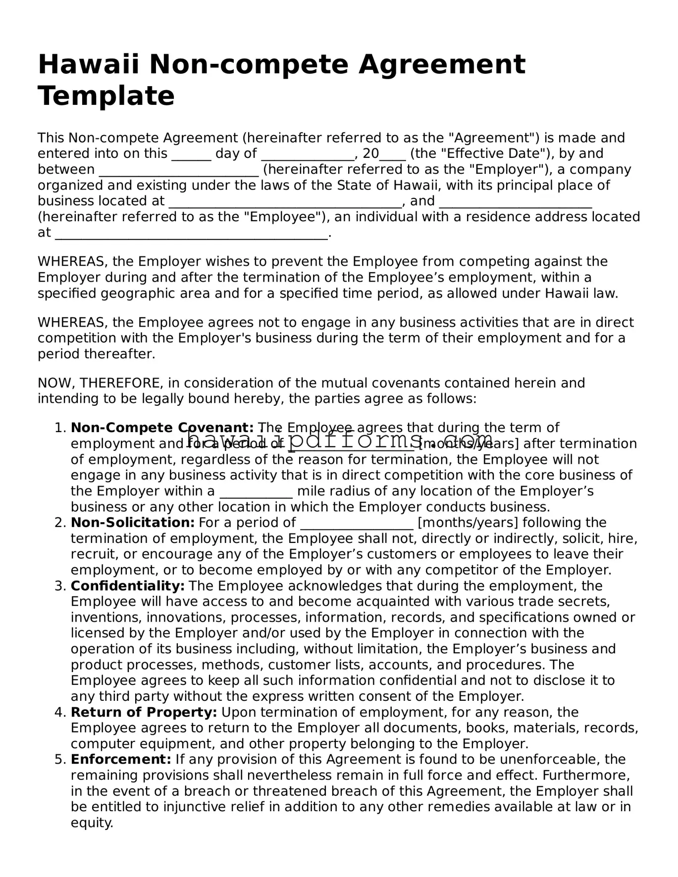 Legal  Non-compete Agreement Template for Hawaii