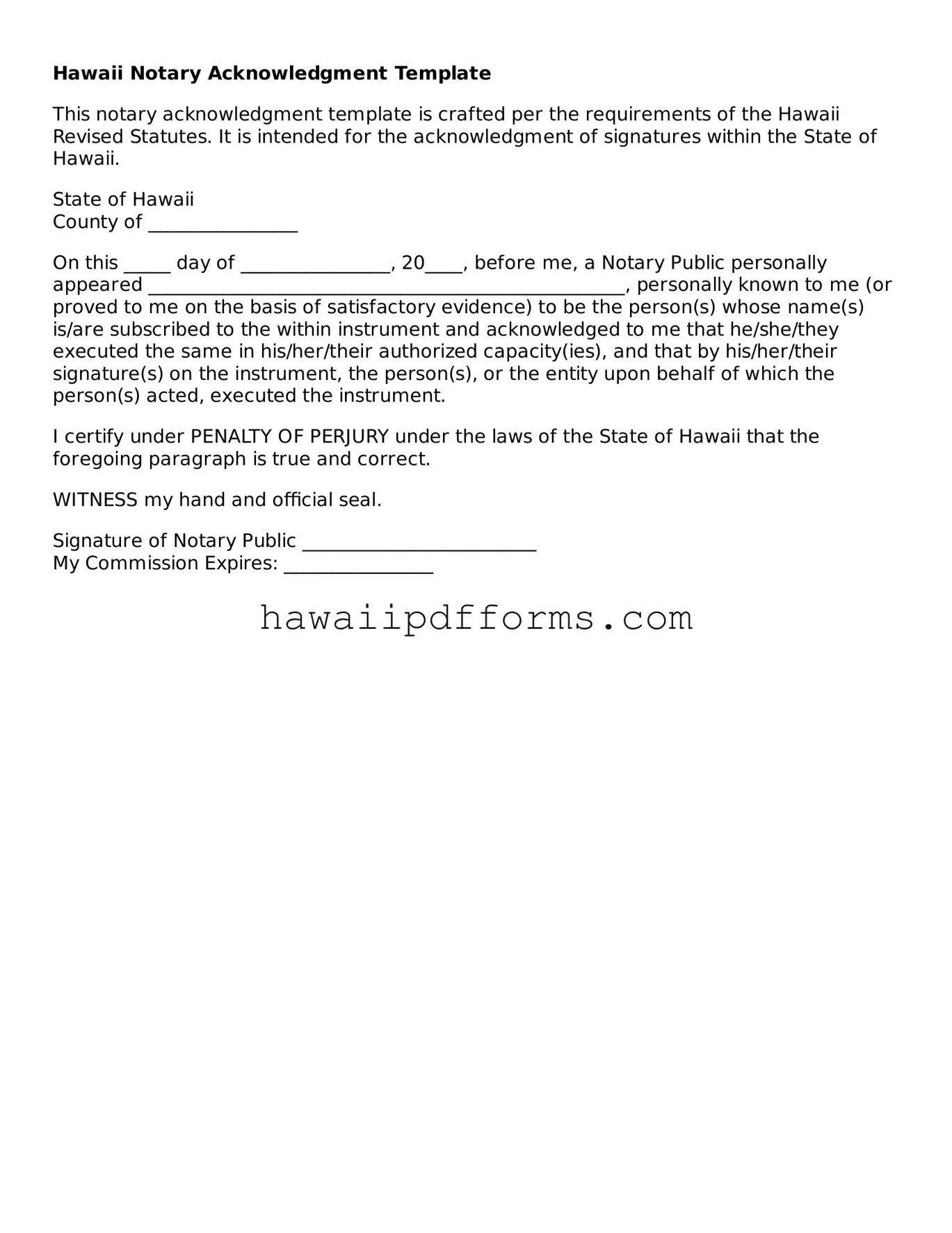 Legal  Notary Acknowledgement Template for Hawaii