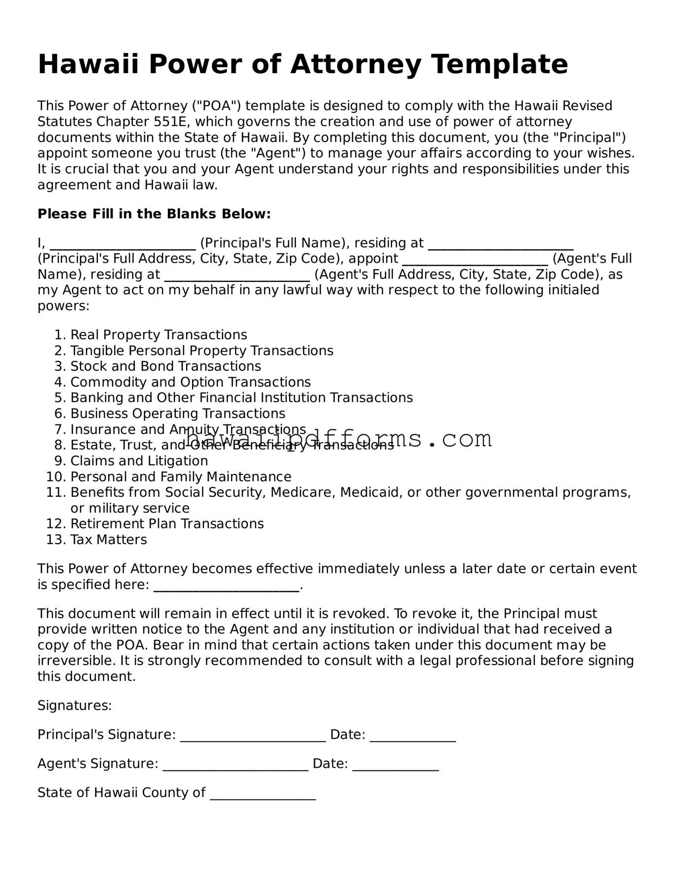 Legal  Power of Attorney Template for Hawaii