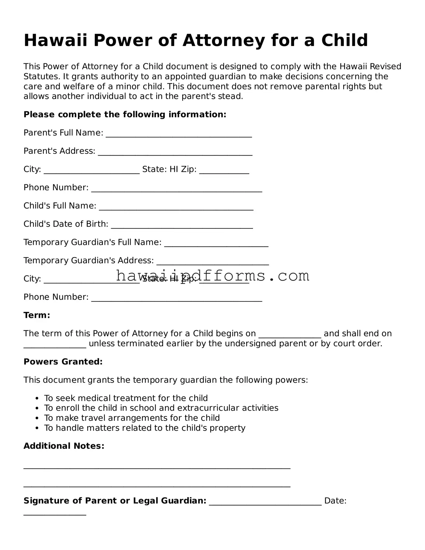 Legal  Power of Attorney for a Child Template for Hawaii