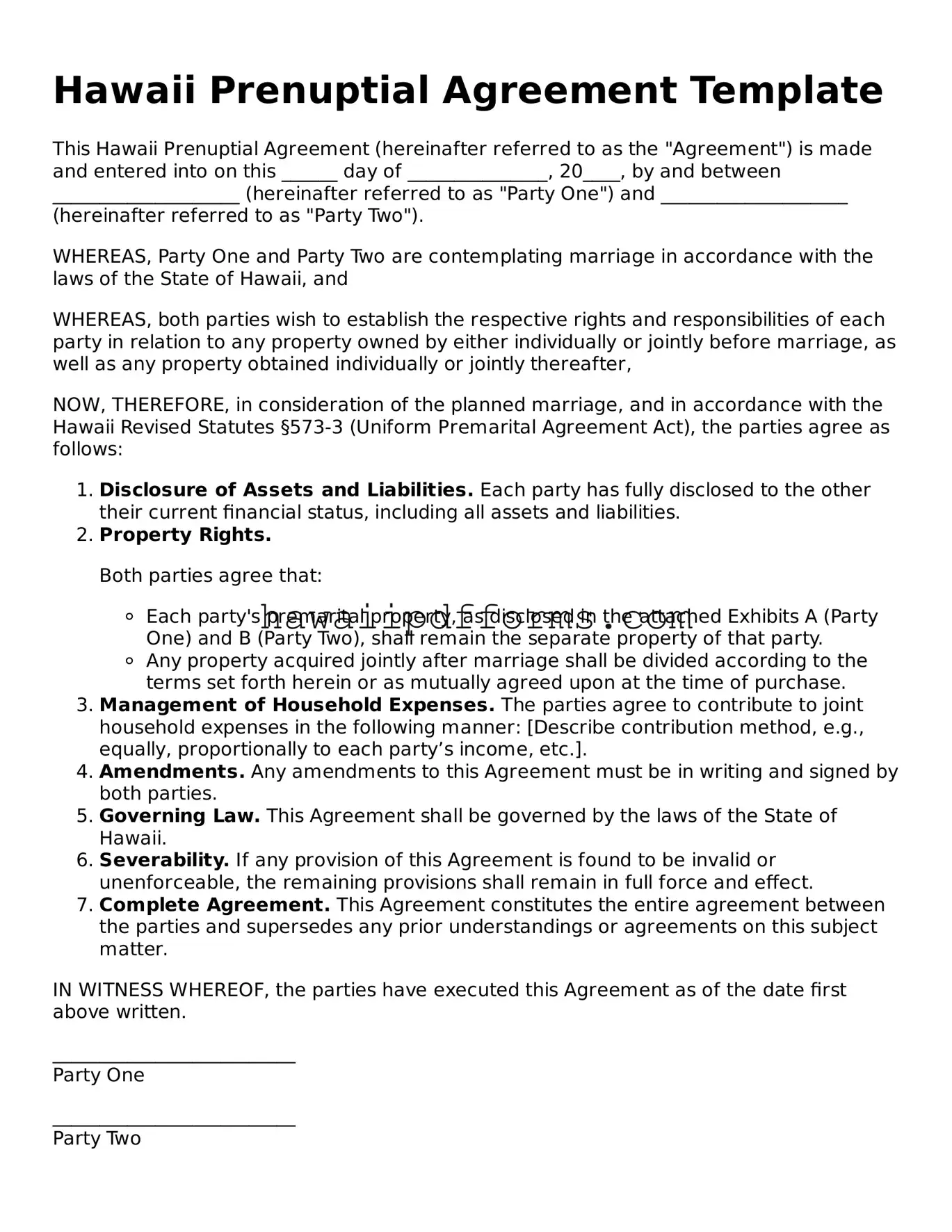 Legal  Prenuptial Agreement Template for Hawaii