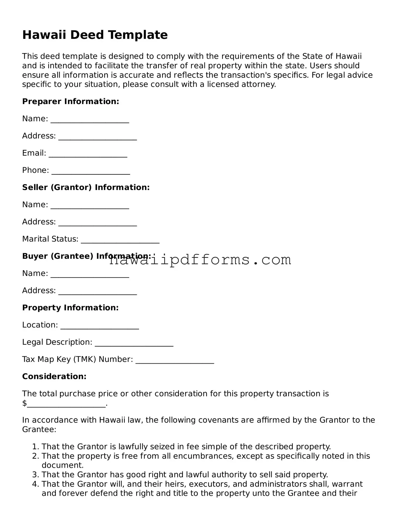 Legal  Deed Template for Hawaii