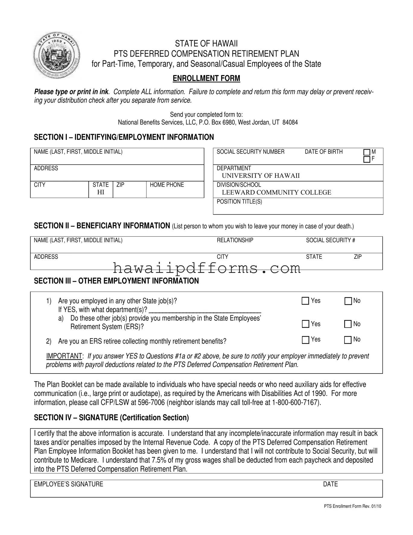 Fill Your Hawaii Pts Enrollment Template
