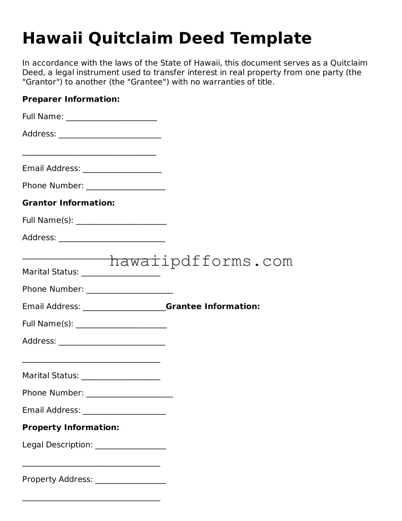 Legal  Quitclaim Deed Template for Hawaii