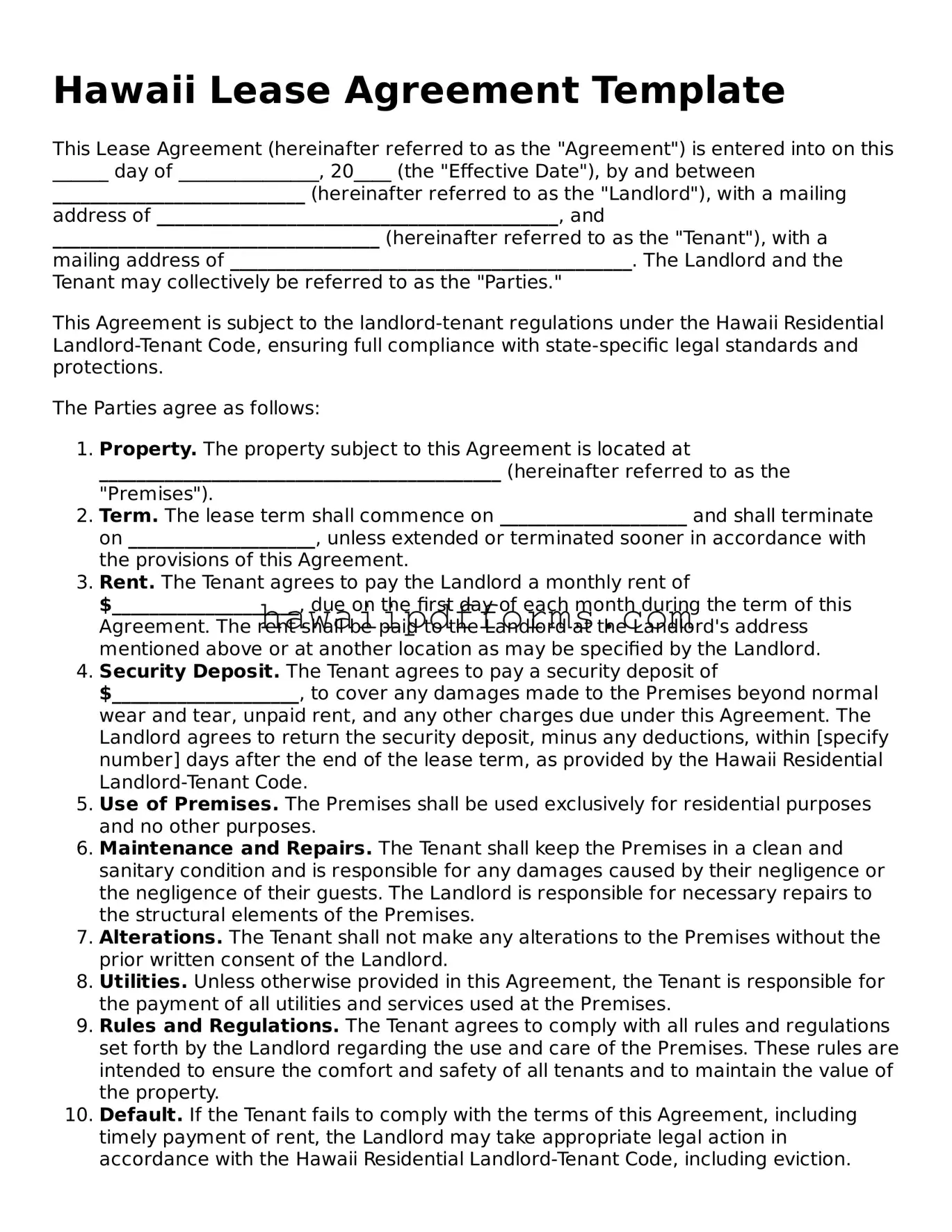 Legal  Lease Agreement Template for Hawaii