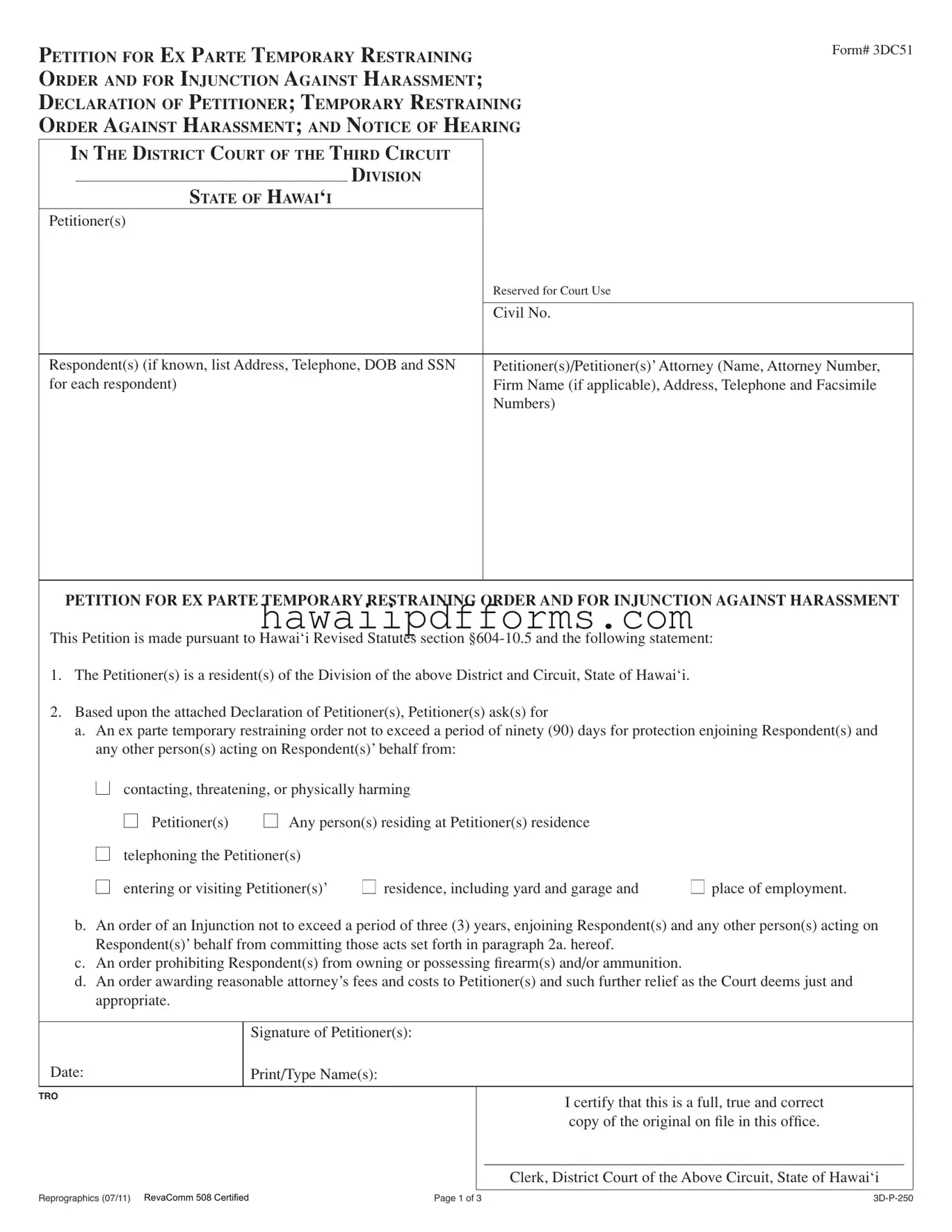Fill Your Hawaii Restraining Order Template