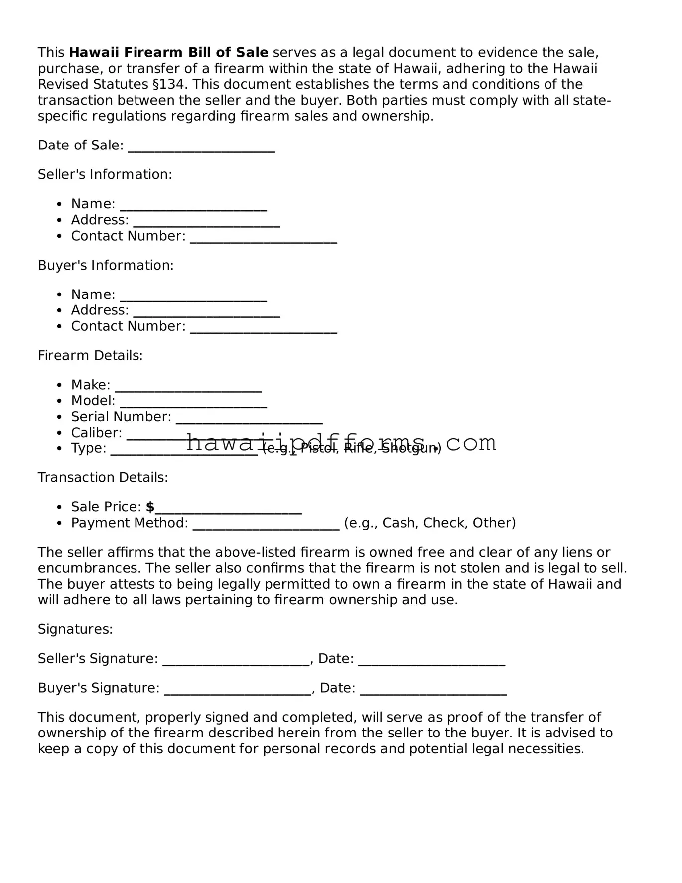 Legal  Firearm Bill of Sale Template for Hawaii
