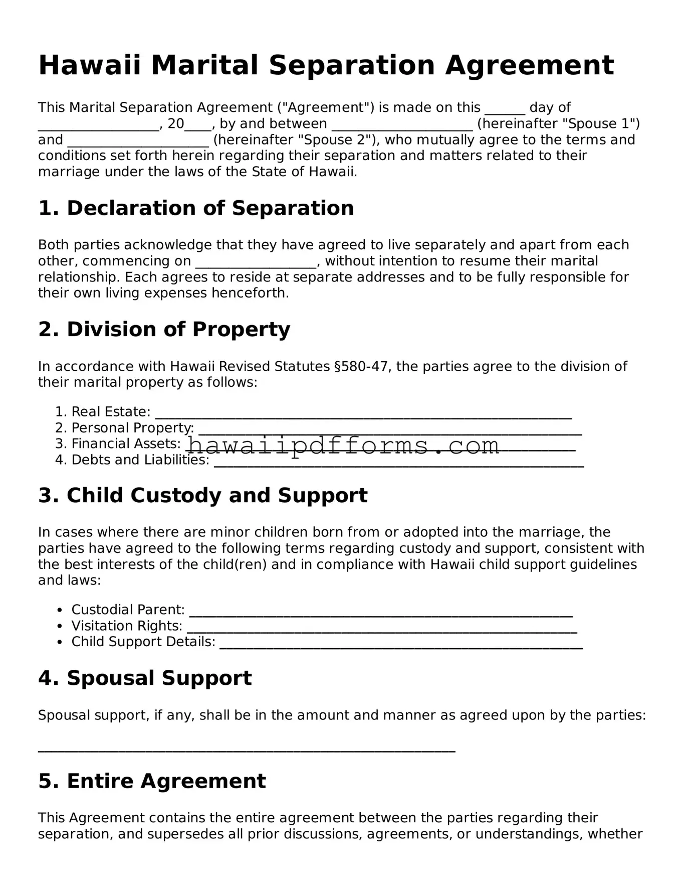 Legal  Marital Separation Agreement Template for Hawaii
