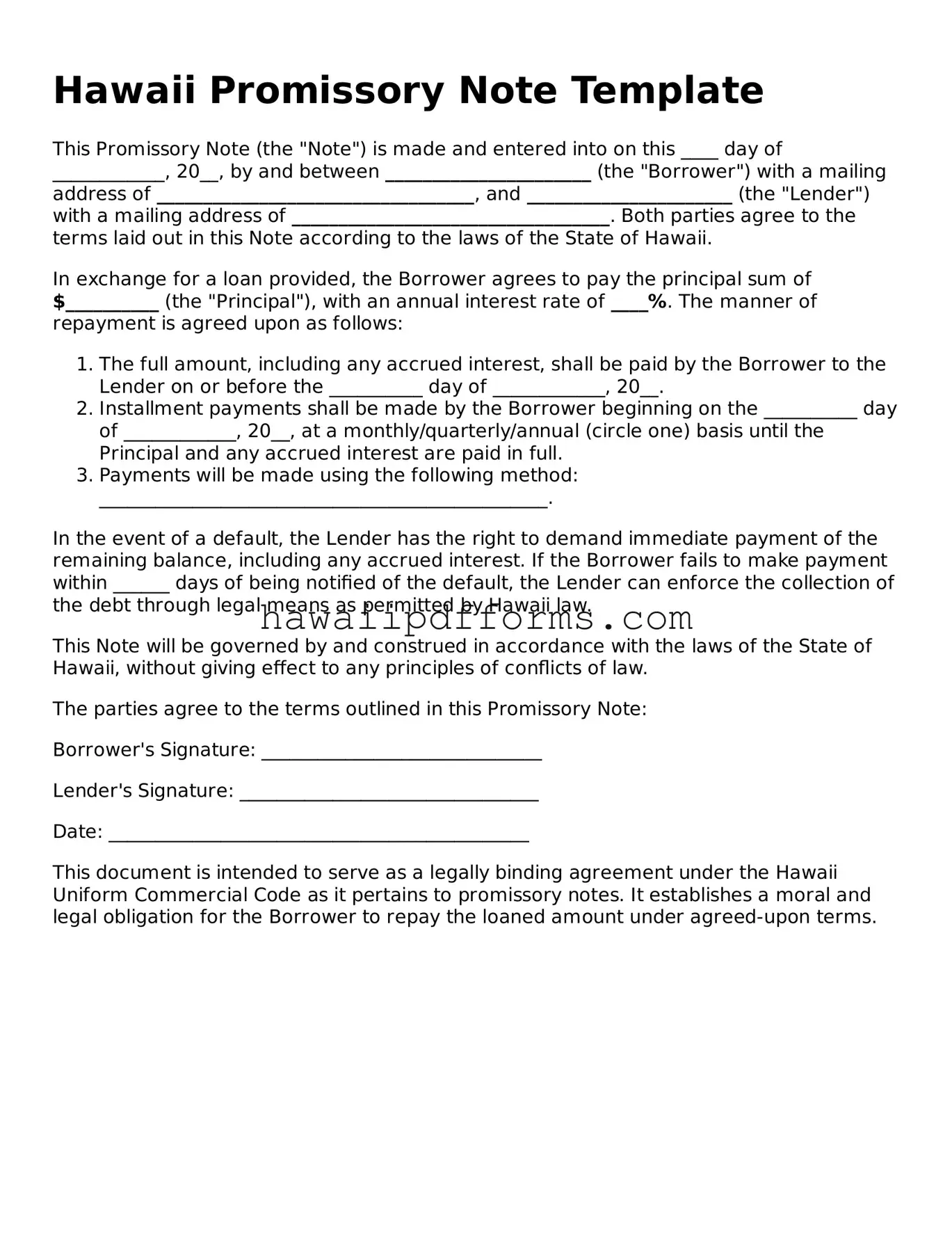 Legal  Promissory Note Template for Hawaii