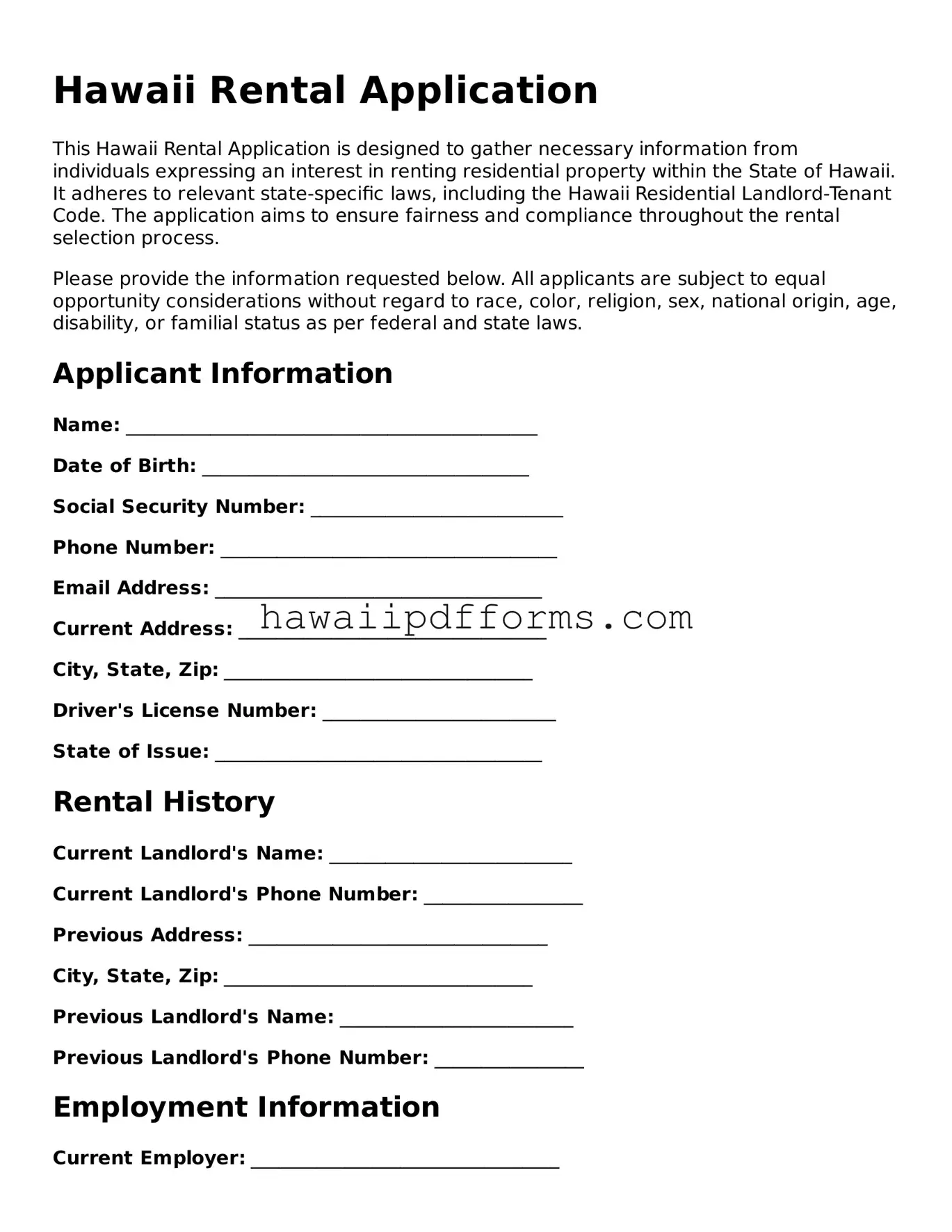 Legal  Rental Application Template for Hawaii