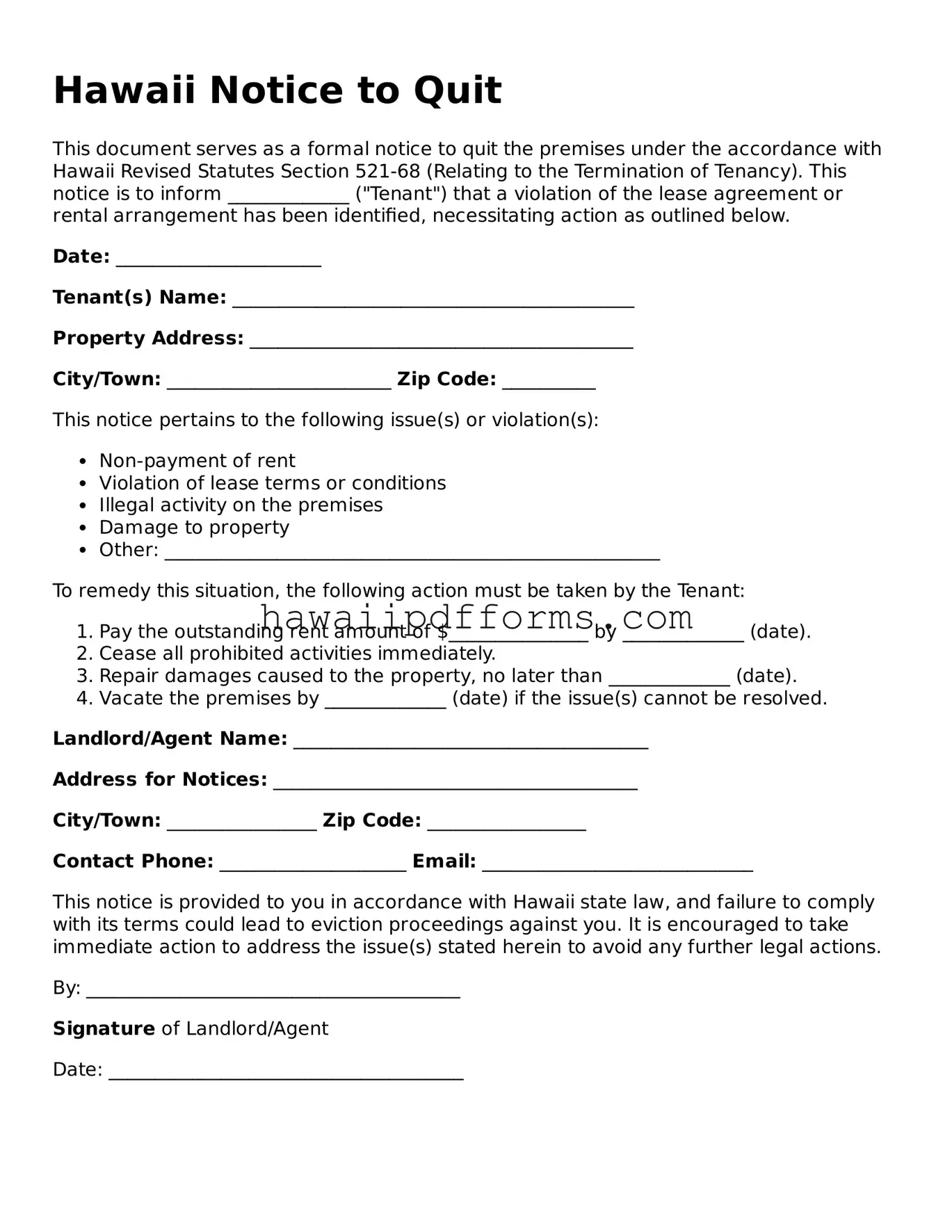 Legal  Notice to Quit Template for Hawaii