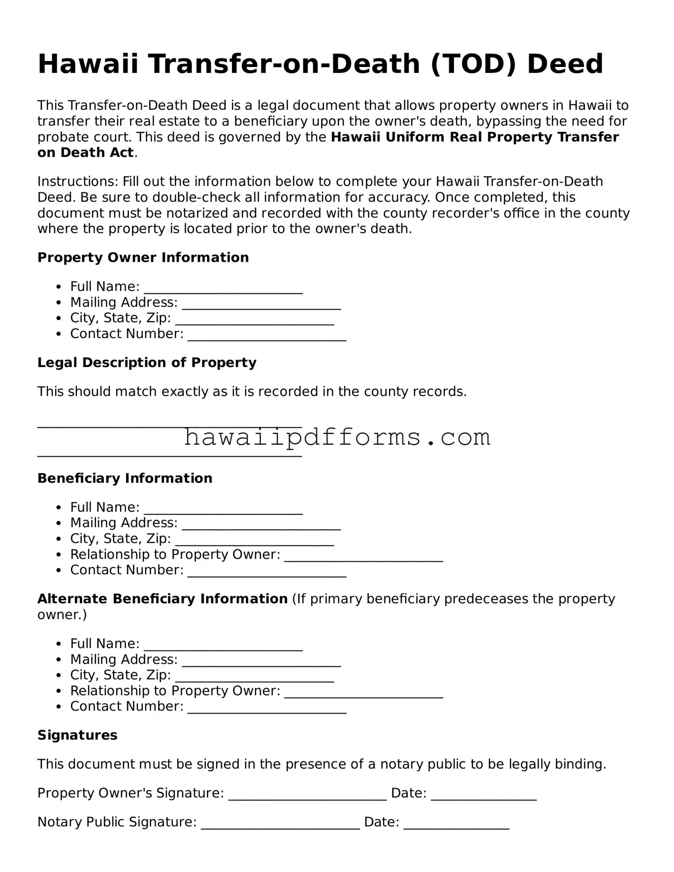 Legal  Transfer-on-Death Deed Template for Hawaii