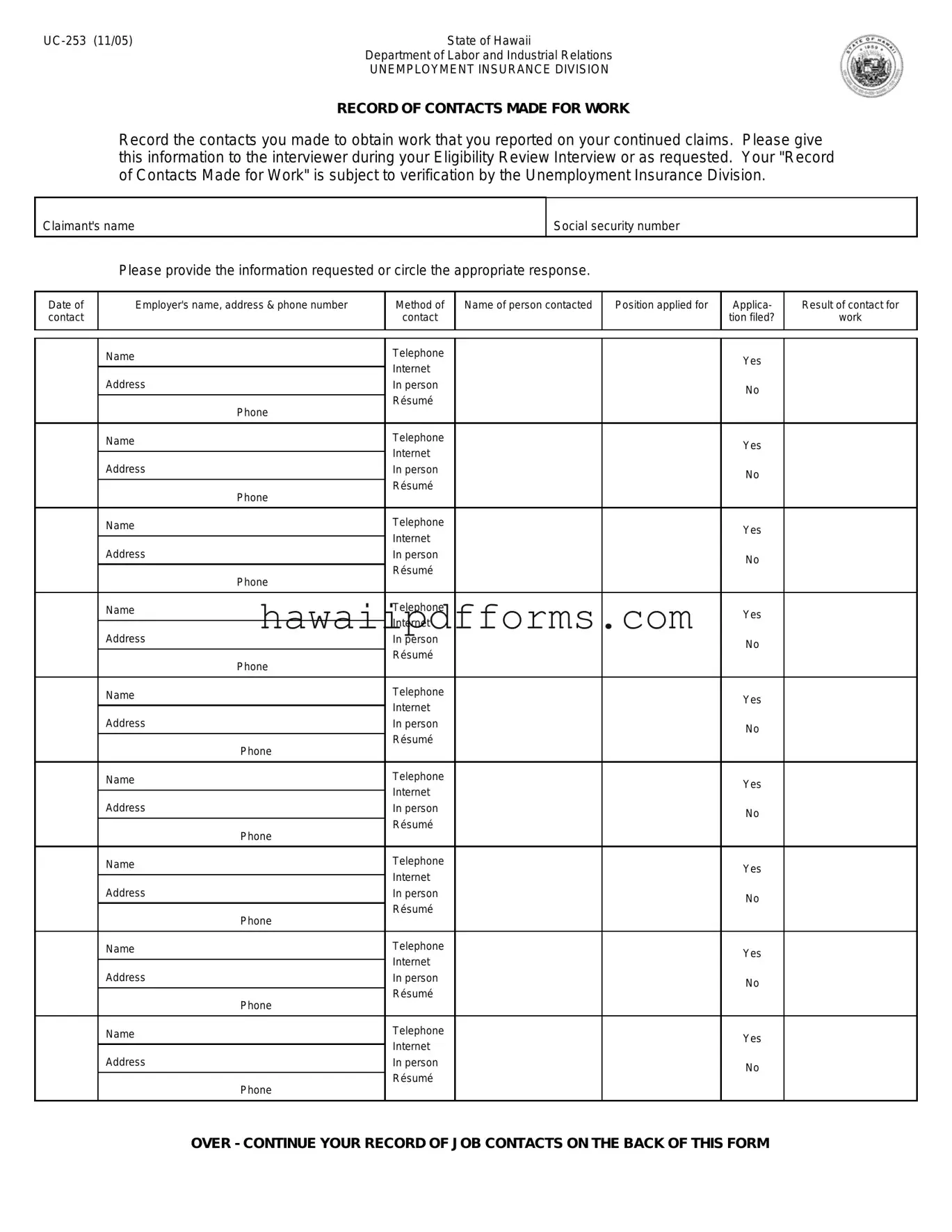 Fill Your Hawaii Uc 253 Template