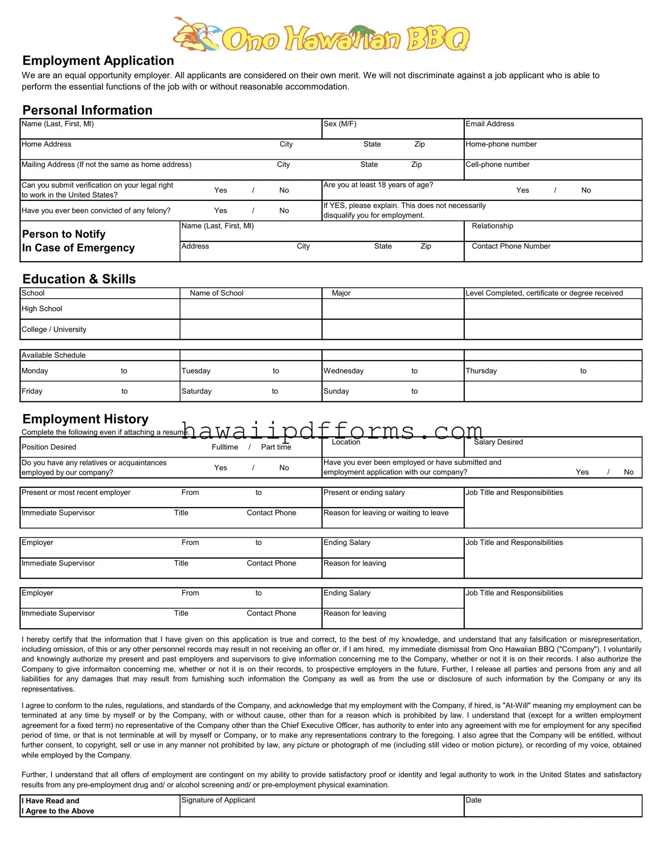 Fill Your Ono Hawaiian Bbq Job Application Template