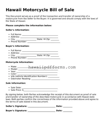 Legal  Motorcycle Bill of Sale Template for Hawaii