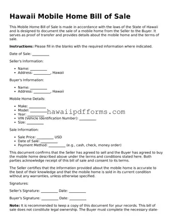 Legal  Mobile Home Bill of Sale Template for Hawaii