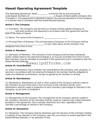 Legal  Operating Agreement Template for Hawaii