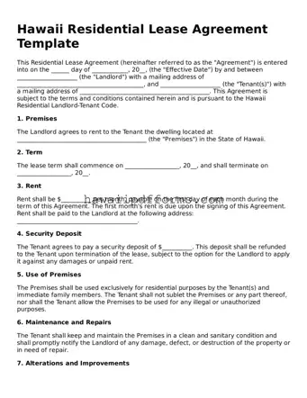 Legal  Residential Lease Agreement Template for Hawaii