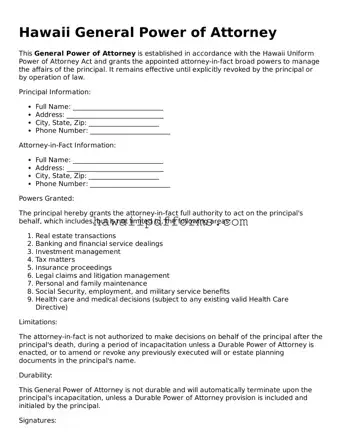 Legal  General Power of Attorney Template for Hawaii