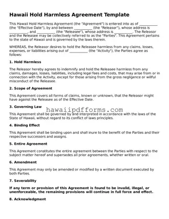 Legal  Hold Harmless Agreement Template for Hawaii
