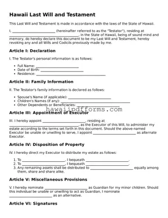 Legal  Last Will and Testament Template for Hawaii