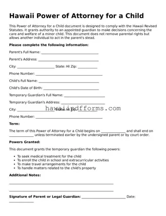 Legal  Power of Attorney for a Child Template for Hawaii