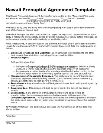 Legal  Prenuptial Agreement Template for Hawaii